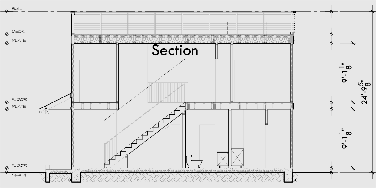 House rear elevation view for 10218 Narrow house plan with roof deck