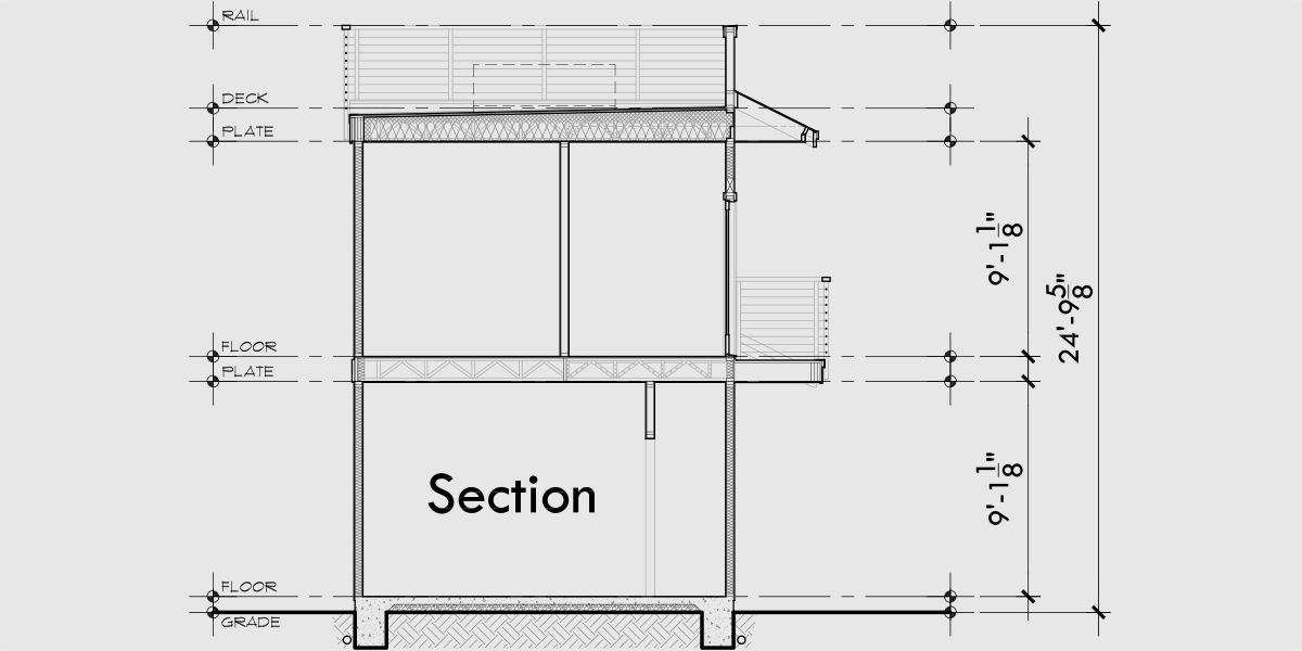 House rear elevation view for 10218 Narrow house plan with roof deck