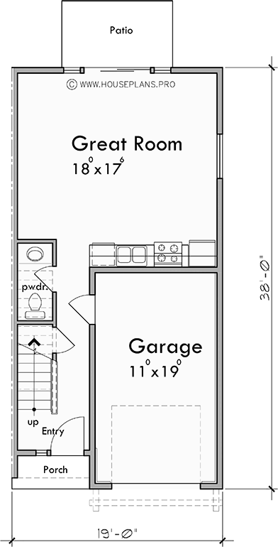 Main Floor Plan for FV-665 Experience the elegance and functionality of our 19 ft wide narrow townhouse plans. With 2 master bedrooms and a garage, your dream home awaits. Act now!