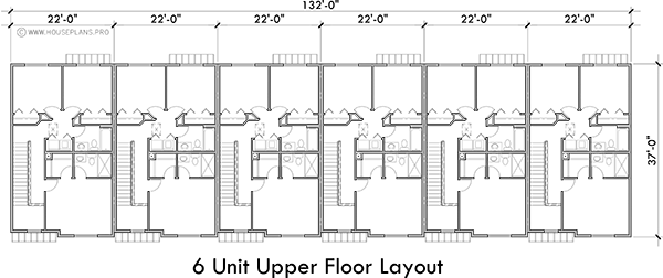 Upper Floor Plan 2 for Six unit town house plan S-755