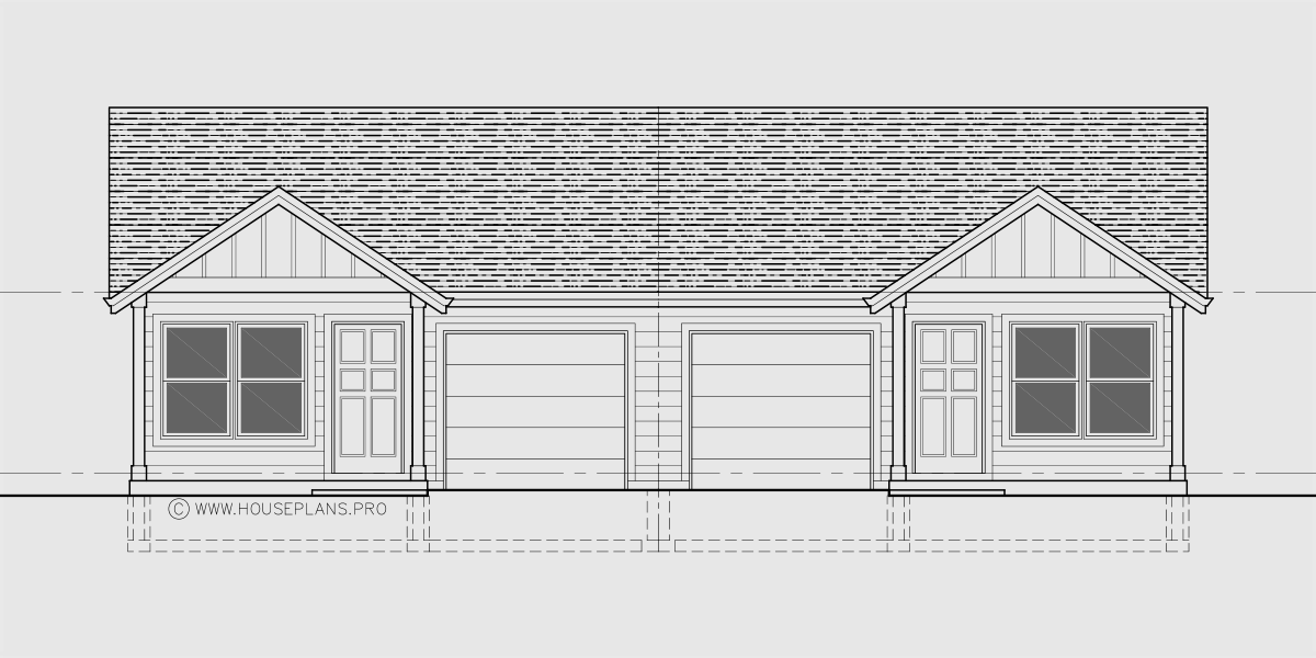 House side elevation view for T-455 Triplex house plan with daylight basement
