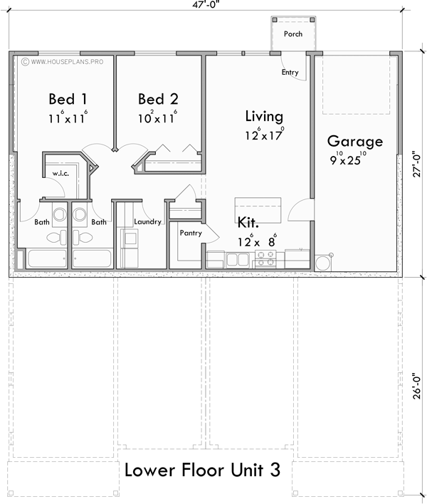 Lower Floor Plan for T-455 Triplex house plan with daylight basement