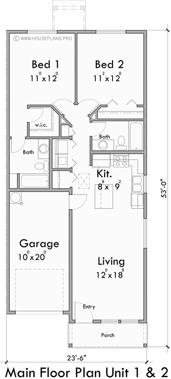 Main Floor Plan for T-455 Triplex house plan with daylight basement