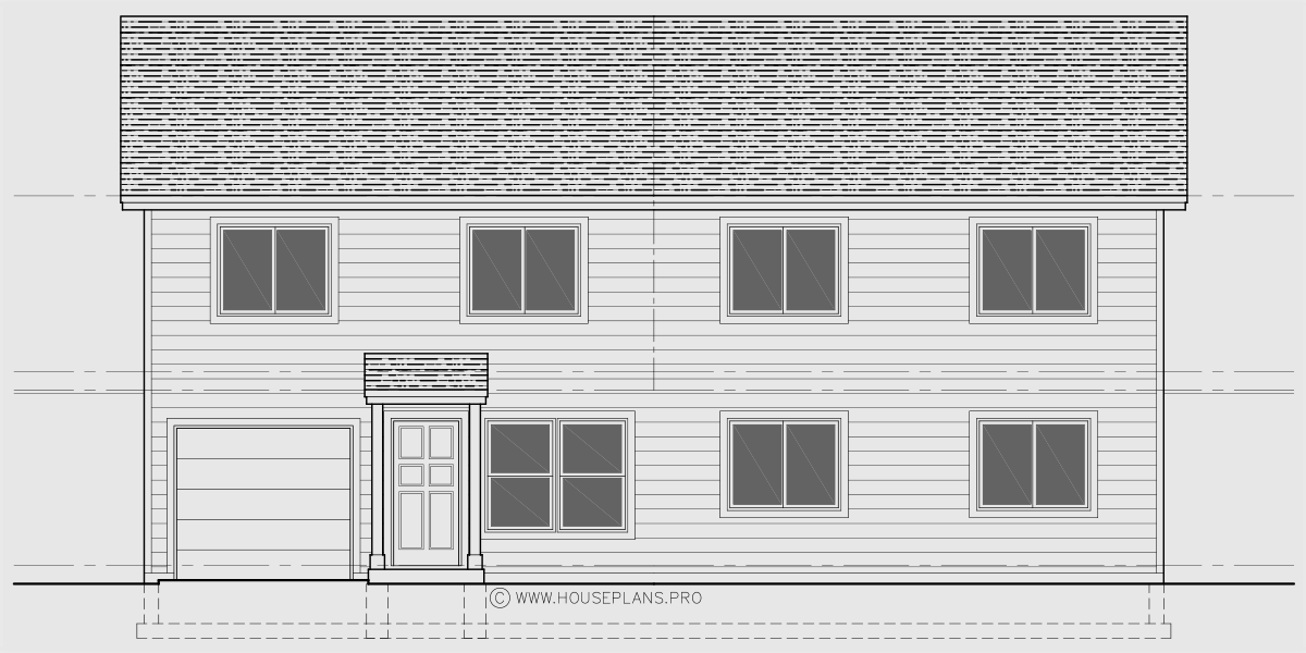 House rear elevation view for T-455 Triplex house plan with daylight basement