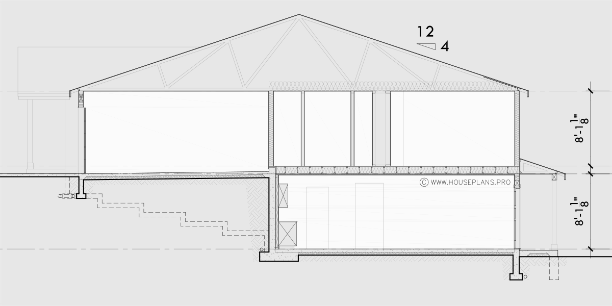 House rear elevation view for T-455 Triplex house plan with daylight basement