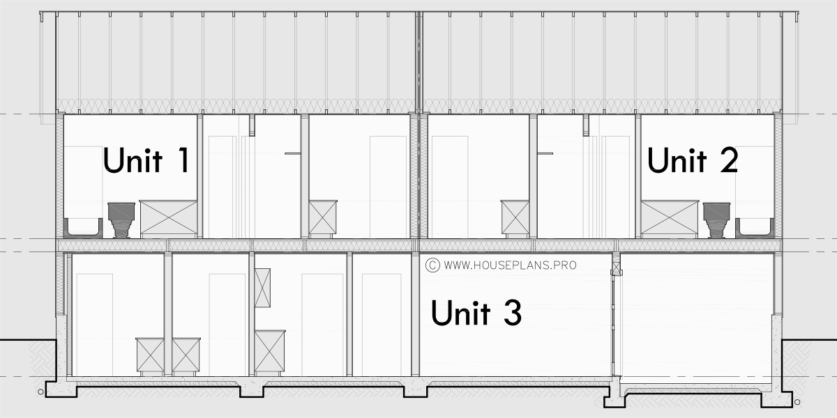 House rear elevation view for T-455 Triplex house plan with daylight basement