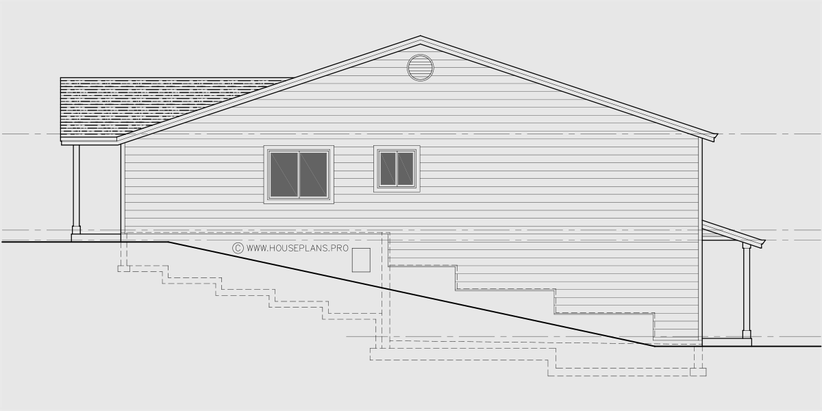 House rear elevation view for T-455 Triplex house plan with daylight basement