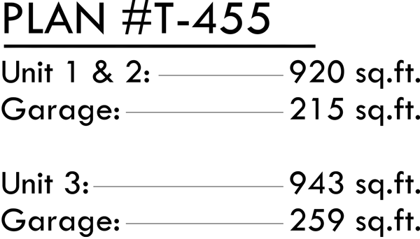 House rear elevation view for T-455 Triplex house plan with daylight basement