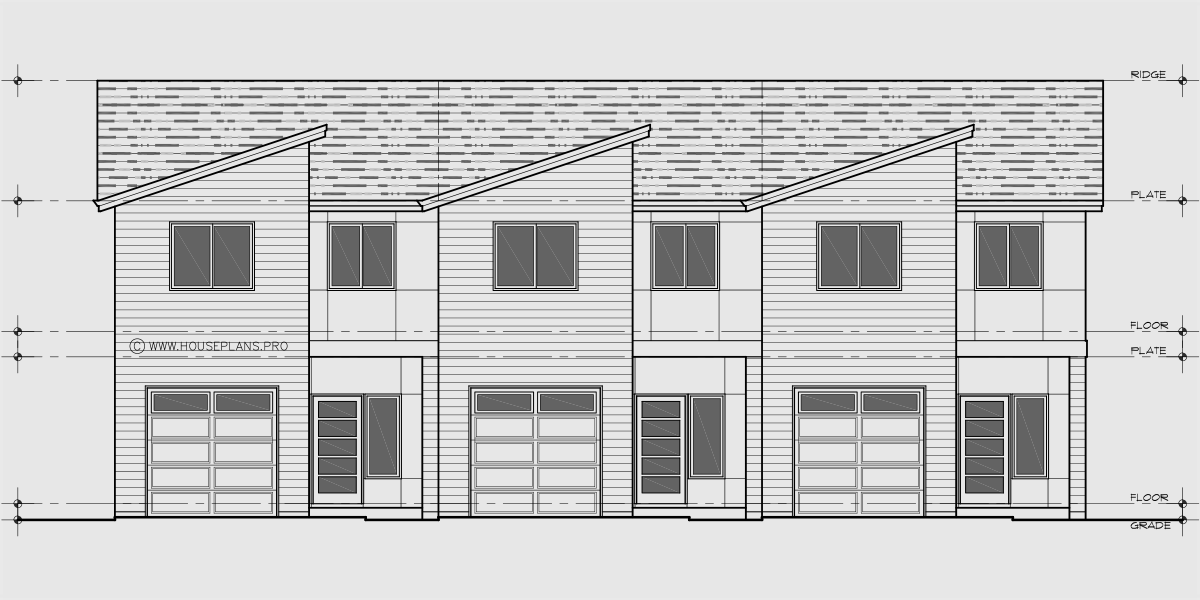 House front drawing elevation view for T-459 Contemporary modern triplex house plan T-459