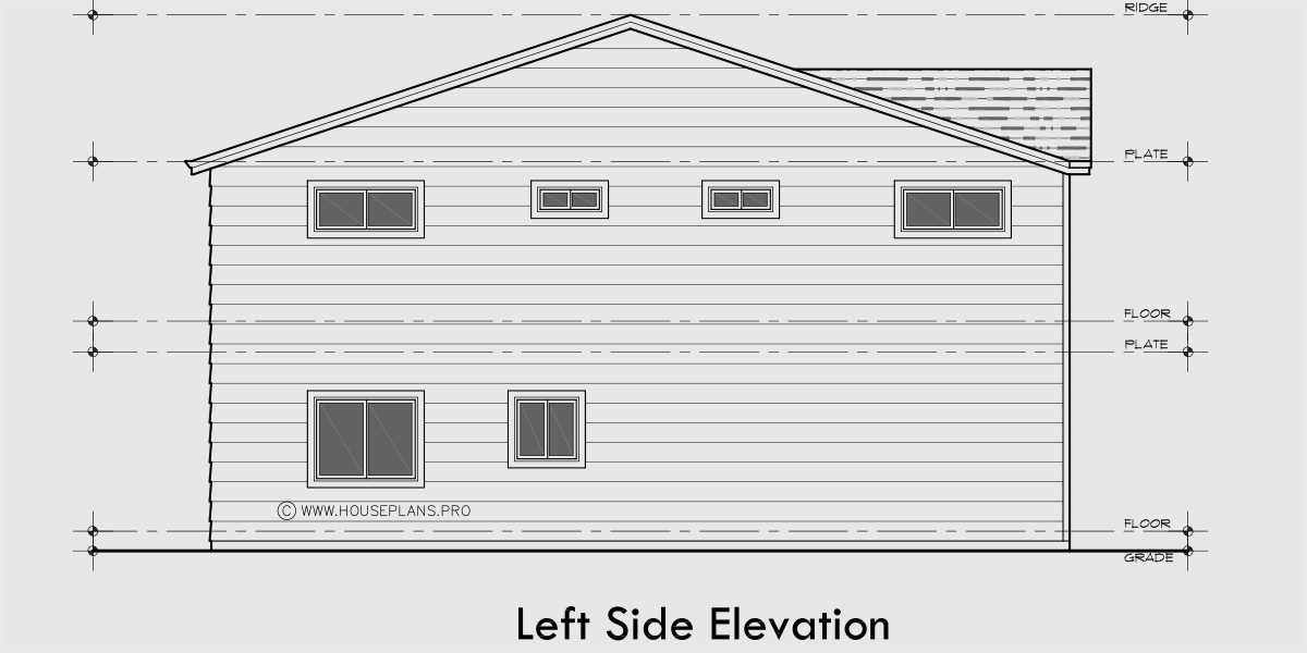 House rear elevation view for T-459 Contemporary modern triplex house plan T-459