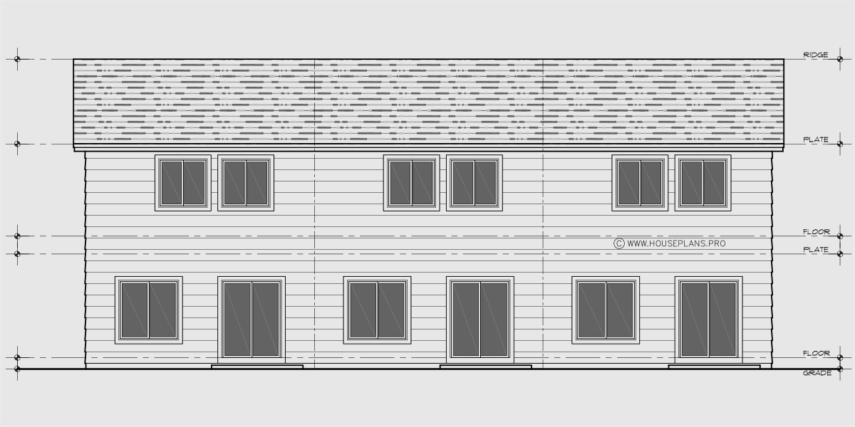 House side elevation view for T-459 Contemporary modern triplex house plan T-459