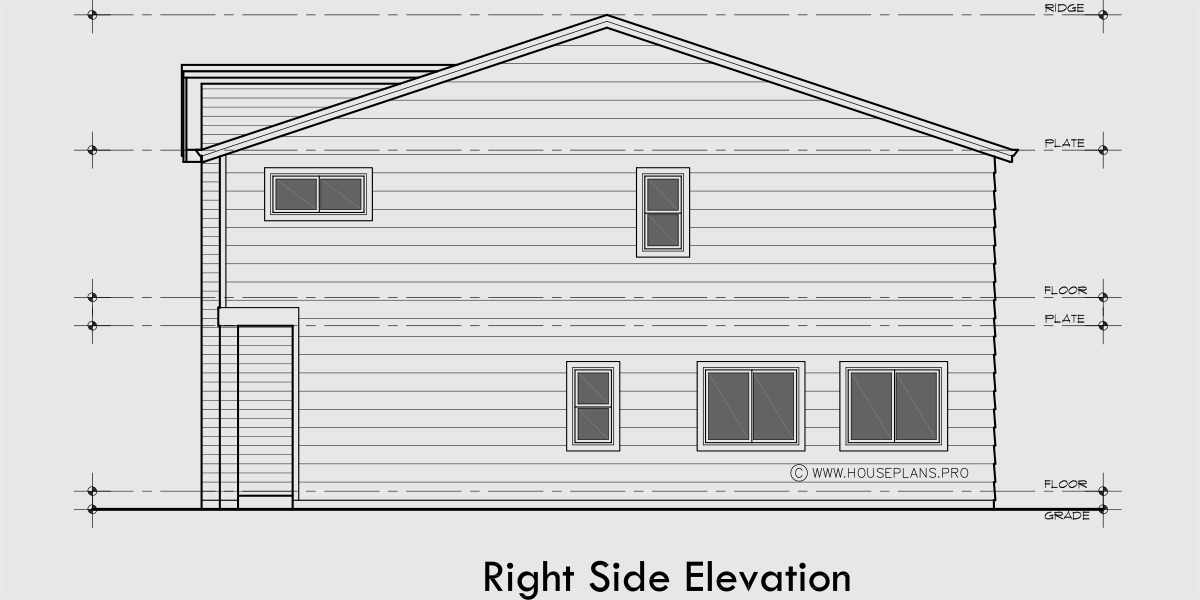 House rear elevation view for T-459 Contemporary modern triplex house plan T-459