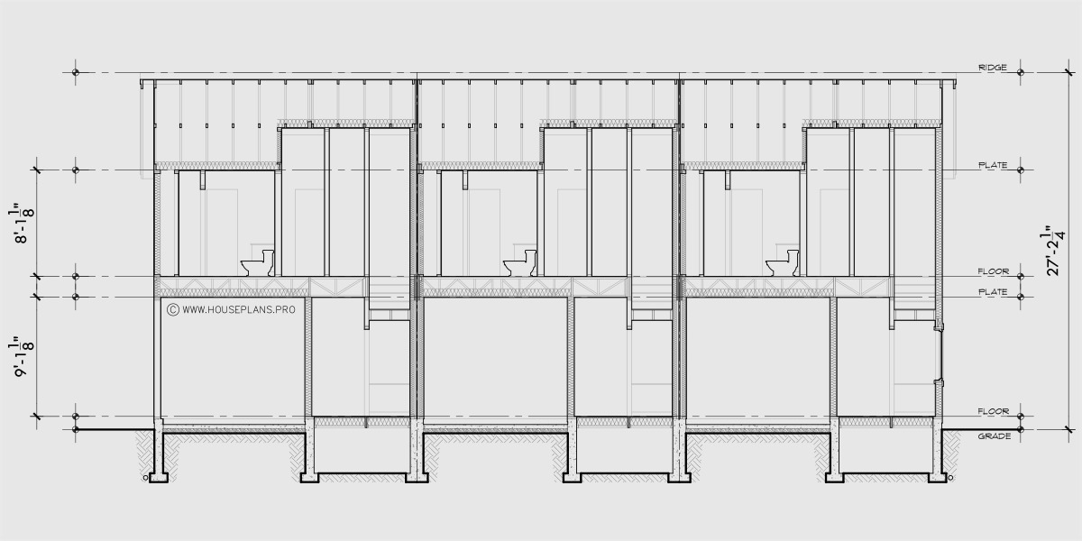 House rear elevation view for T-459 Contemporary modern triplex house plan T-459