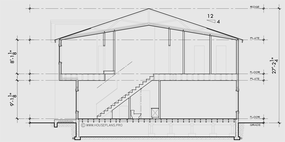 House rear elevation view for T-459 Contemporary modern triplex house plan T-459