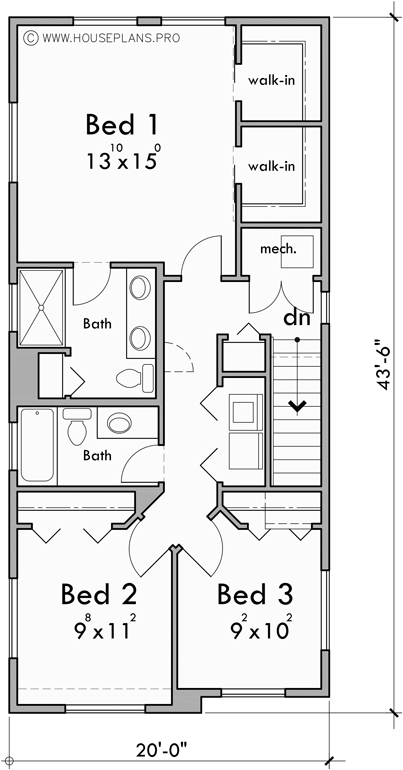 Upper Floor Plan for T-459 Contemporary modern triplex house plan T-459