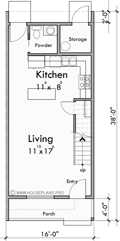 Main Floor Plan for D-758 Narrow Town House Plan Double Master D-758