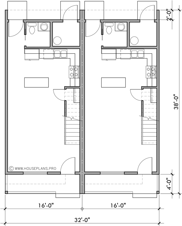 Main Floor Plan 2 for D-758 Narrow Town House Plan Double Master D-758