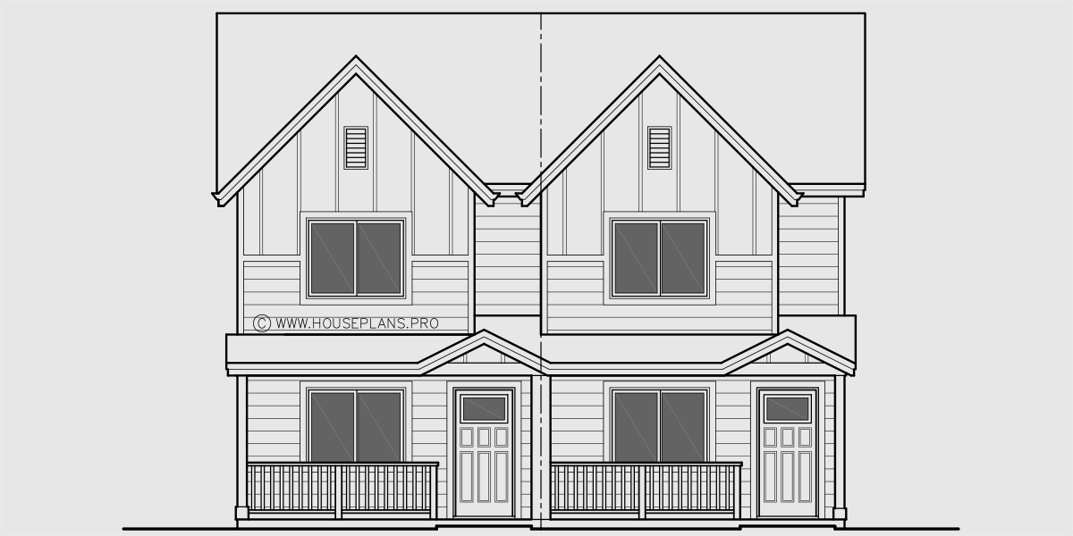 House front drawing elevation view for D-758 Narrow Town House Plan Double Master D-758