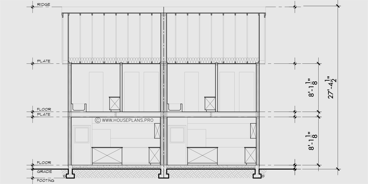 House rear elevation view for D-758 Narrow Town House Plan Double Master D-758