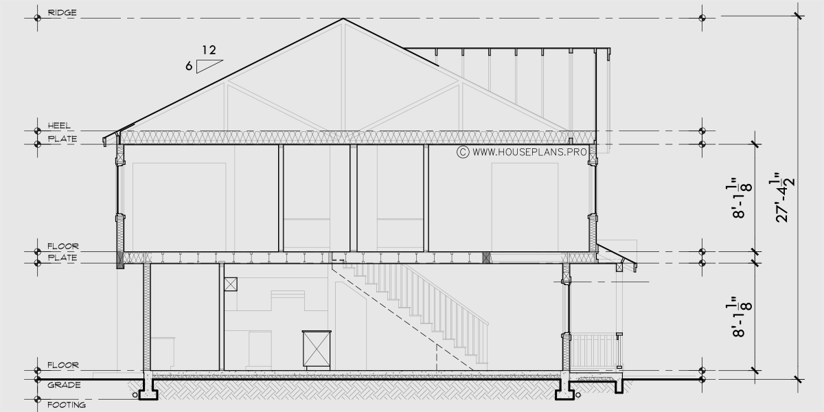 House rear elevation view for D-758 Narrow Town House Plan Double Master D-758