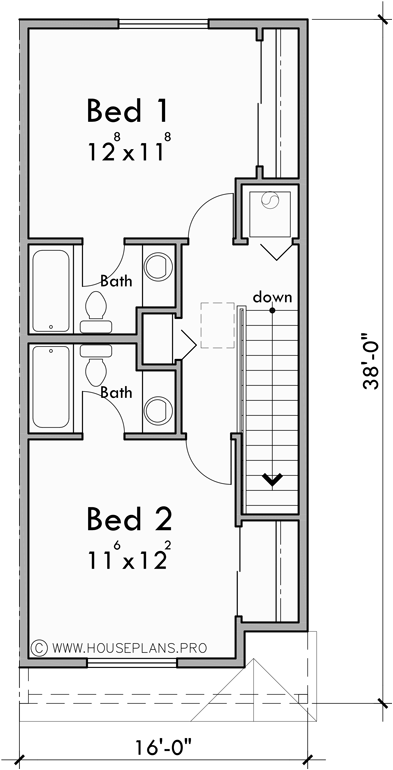 Upper Floor Plan for D-758 Narrow Town House Plan Double Master D-758