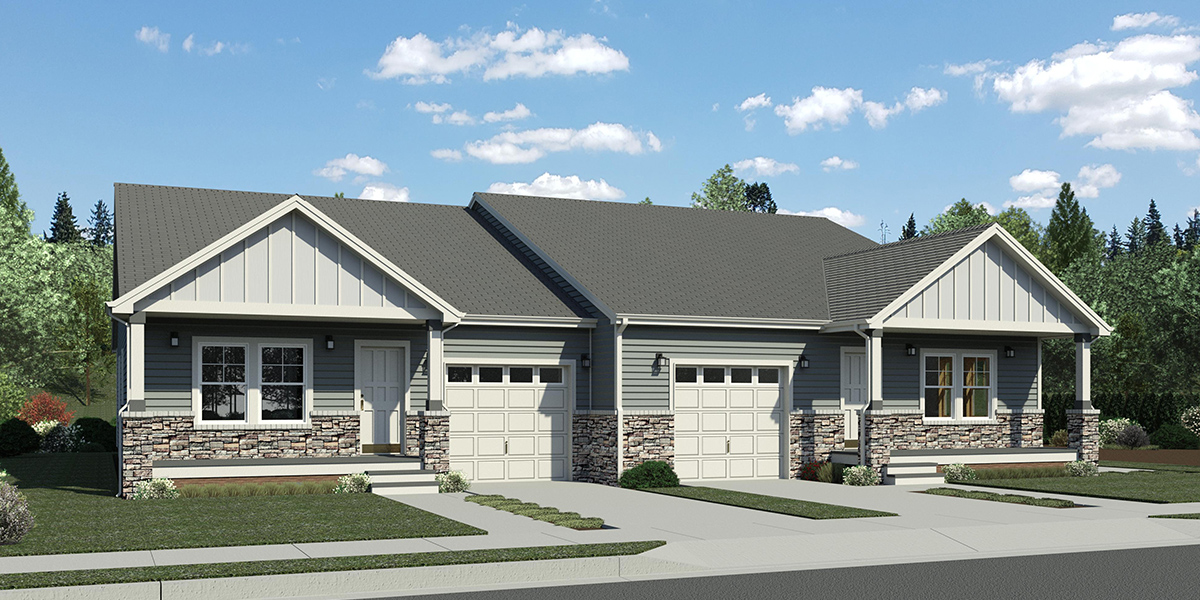 House front color elevation view for D-777 Wheelchair accessible, wide doorways and halls, duplex plan, D-777