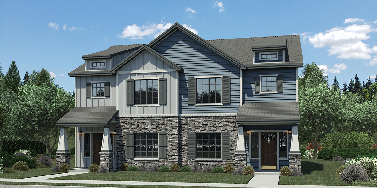 House front color elevation view for D-786 4 bedroom master on the main floor duplex house plan