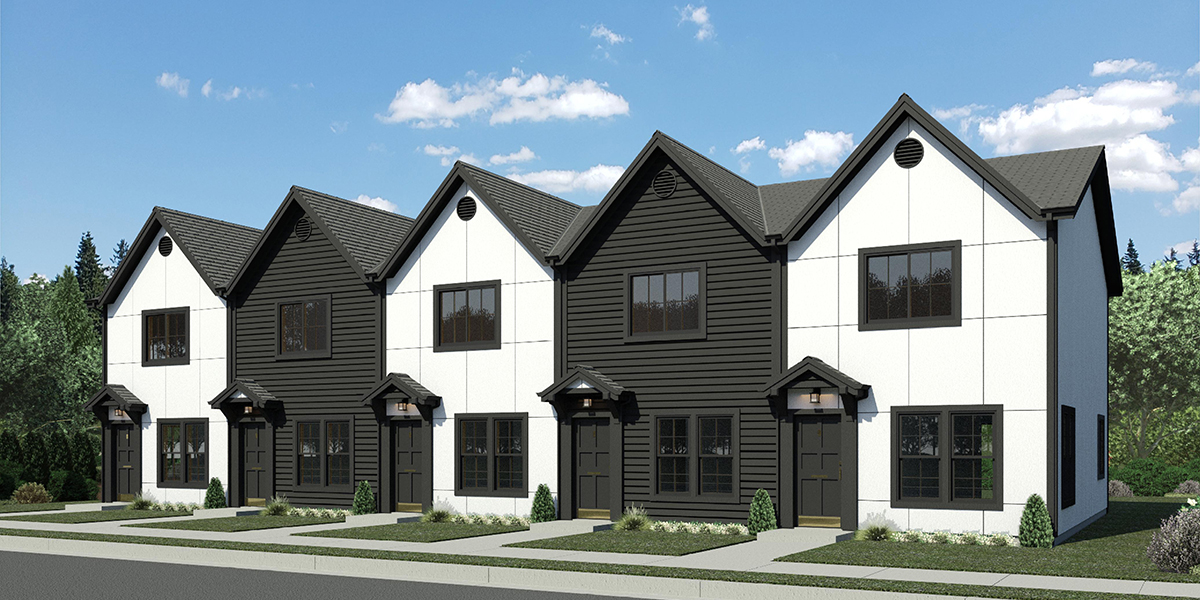 House front color elevation view for FV-711 15 ft wide narrow town house plan FV-711