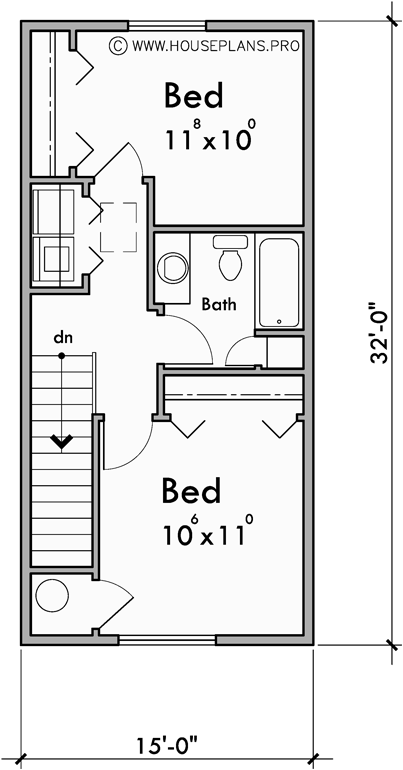 Upper Floor Plan for FV-711 15 ft wide narrow town house plan FV-711