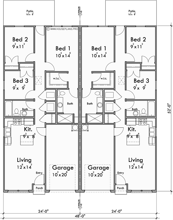Main Floor Plan for D-784 Popular one level 3 bedroom duplex plan with garage 