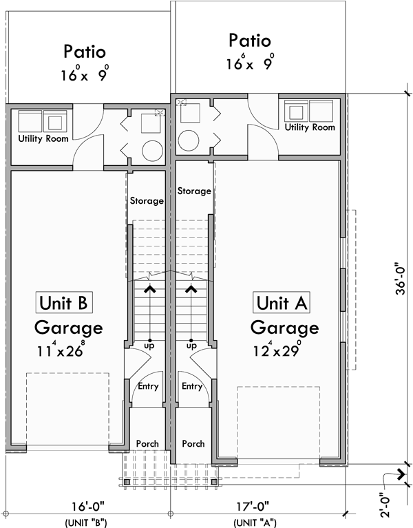 Lower Floor Plan for F-716 Narrow town house plan, lots of curb appeal