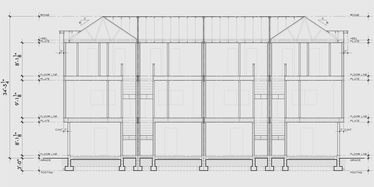 House rear elevation view for F-716 Narrow town house plan, lots of curb appeal 