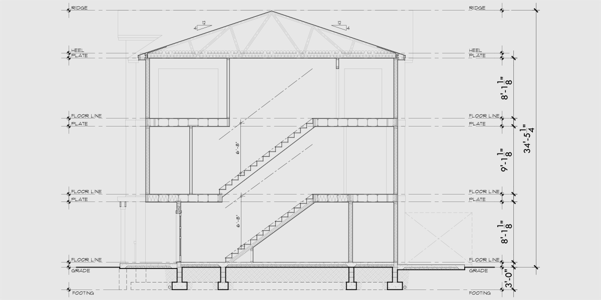 House rear elevation view for F-716 Narrow town house plan, lots of curb appeal 