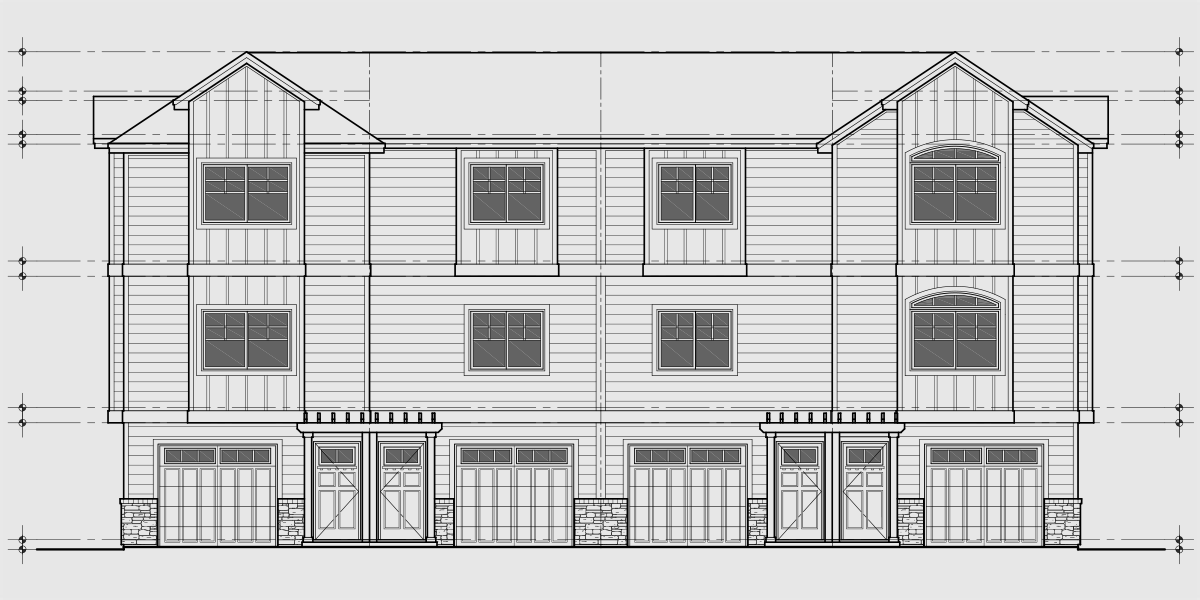 House front drawing elevation view for F-716 Narrow town house plan, lots of curb appeal 