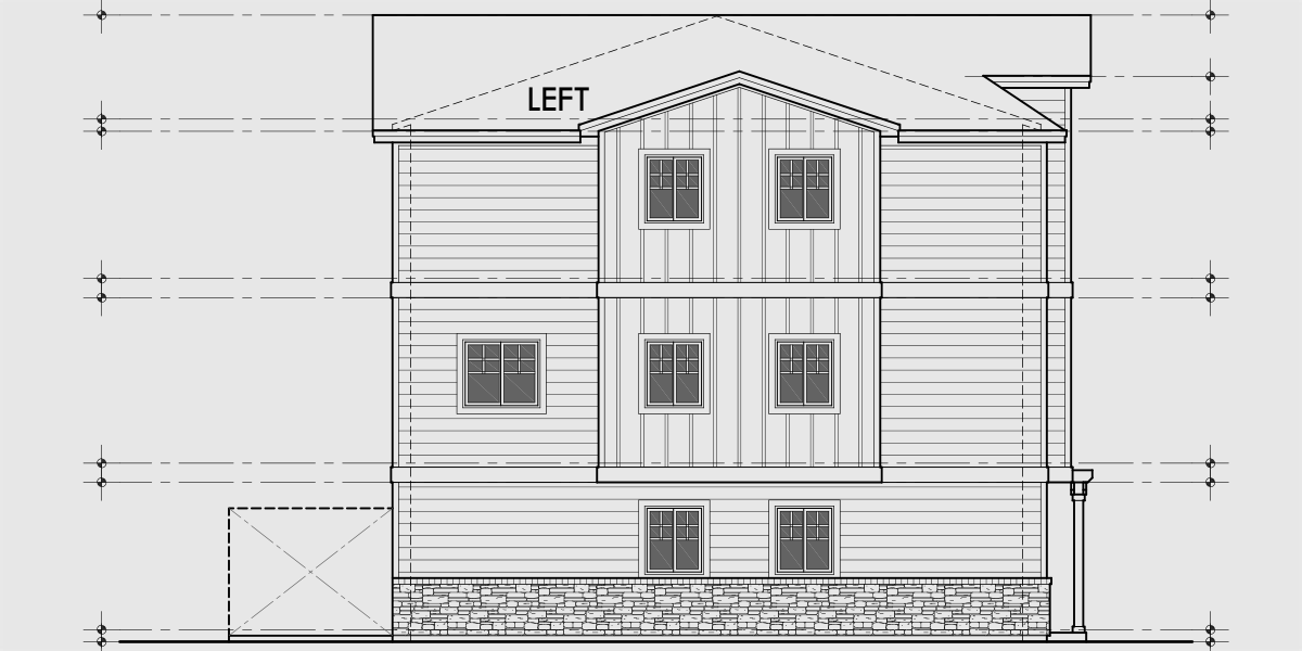 House rear elevation view for F-716 Narrow town house plan, lots of curb appeal 