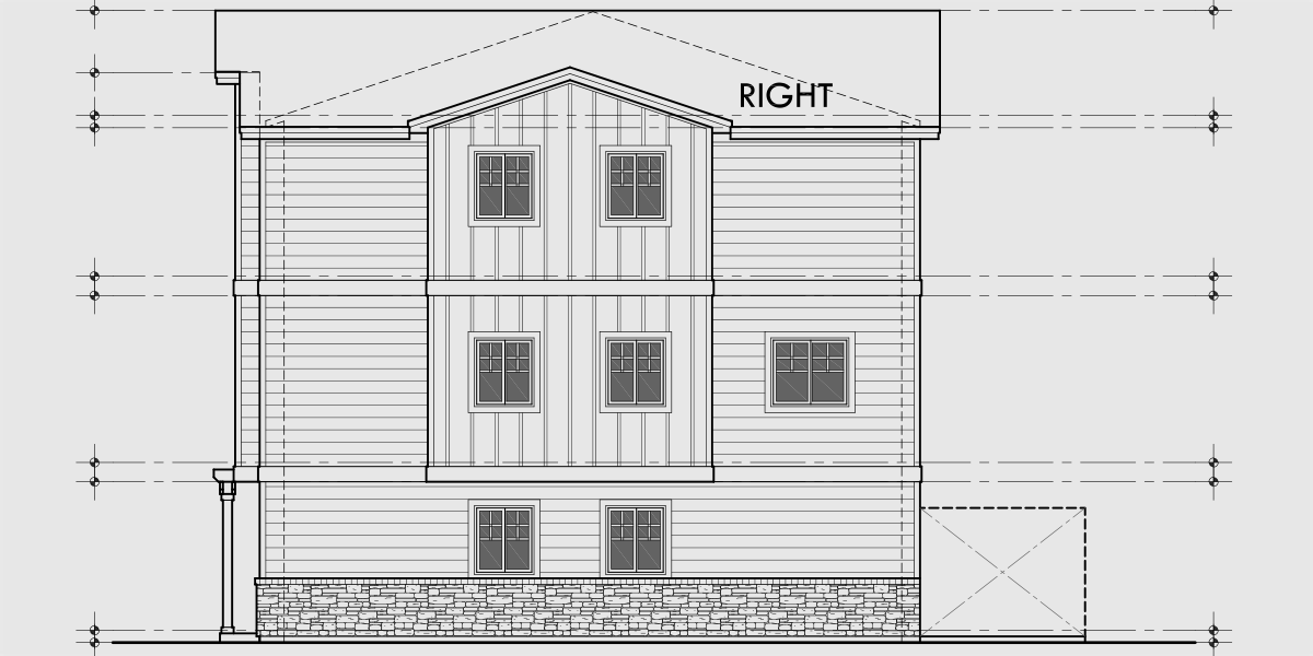 House rear elevation view for F-716 Narrow town house plan, lots of curb appeal 